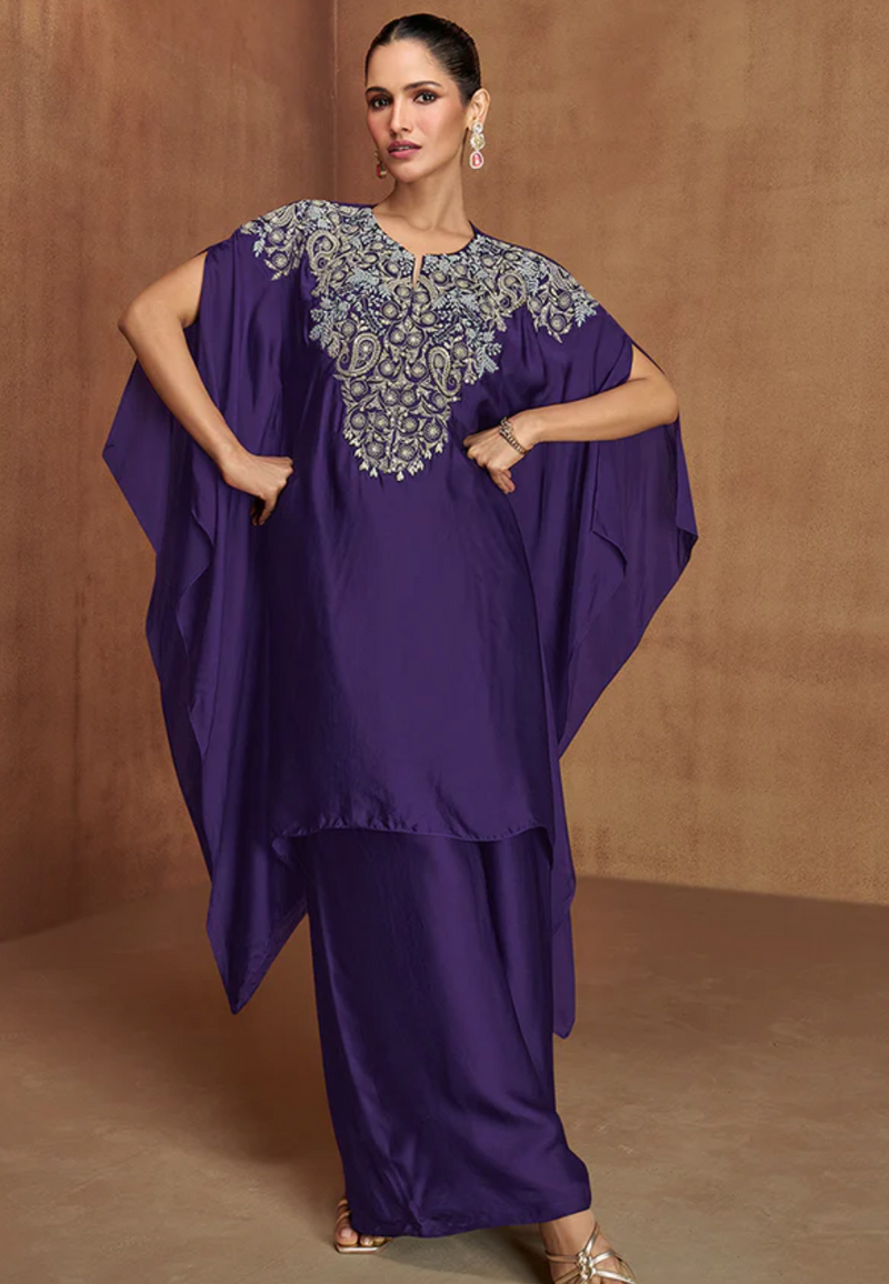 Purple Silk Sequins Hand Work Kaftan Style Palazzo Set
