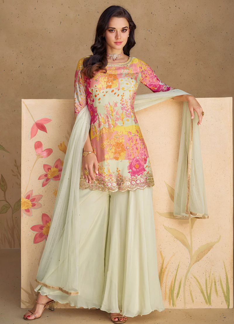 Pink and Beige Palazzo Set in Crepe Silk