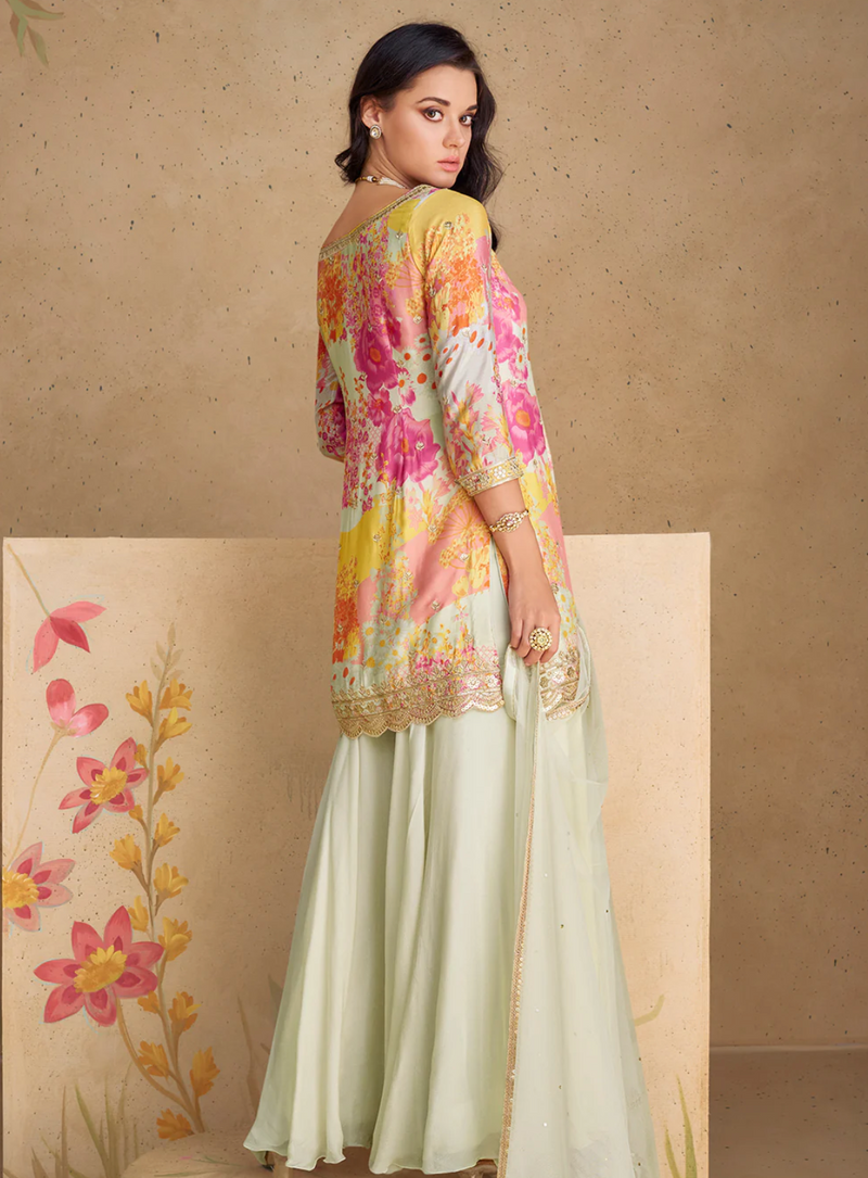 Pink and Beige Palazzo Set in Crepe Silk