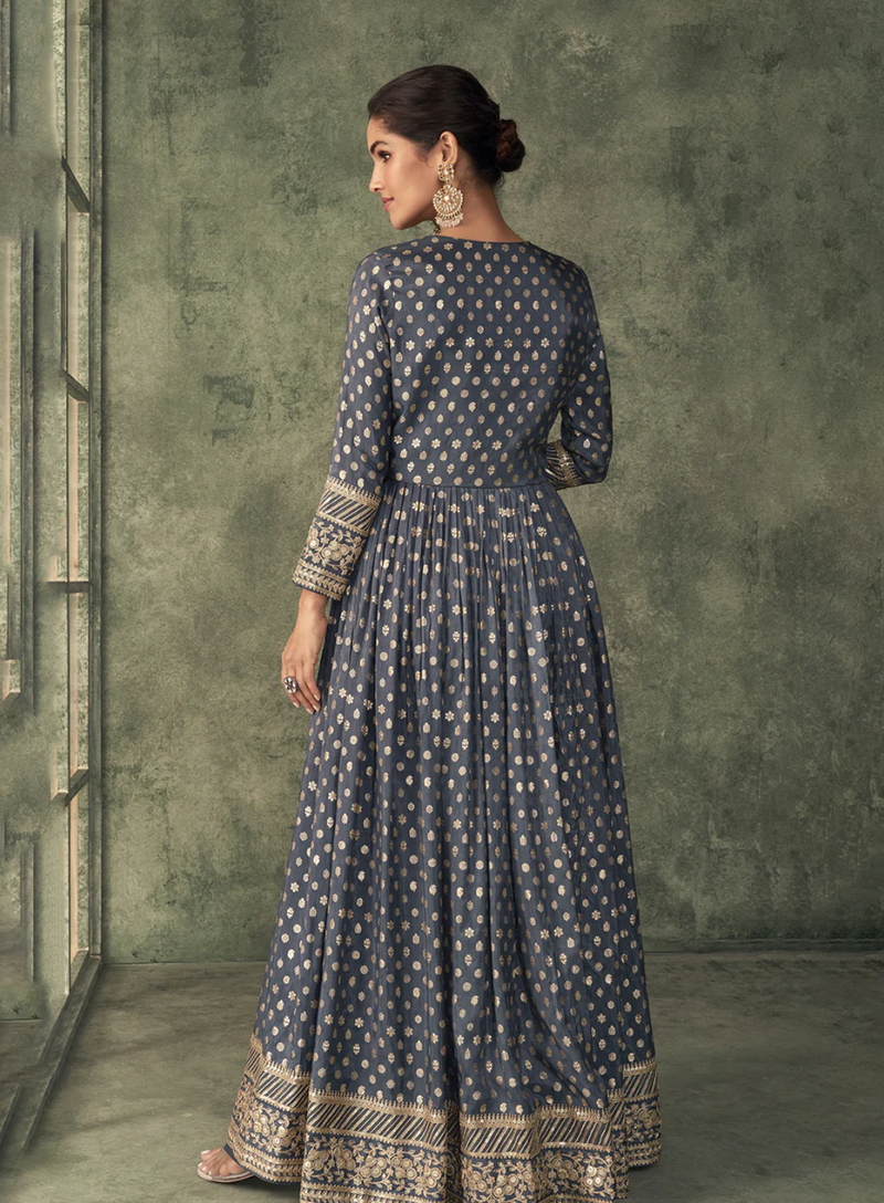 Grey Viscose Silk Embroidered Anarkali Gown with Jacket