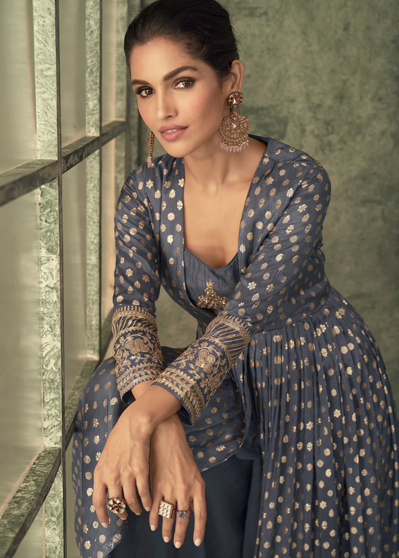 Grey Viscose Silk Embroidered Anarkali Gown with Jacket