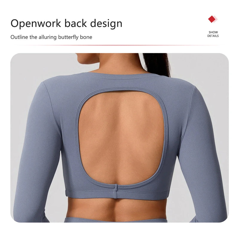Hearuisavy Sports Set 2Pcs Women's  Long Sleeve Backless Fitted Fitness Top Push Up Pilates Yoga Top Wide Leg Straight Leg Pants
