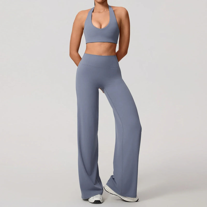Hearuisavy Summer Yoga Set 2Pcs Women Breathable Backless Halter-Neck Sports Bra Push Up Pilates Fitness Top Straight Leg Pants