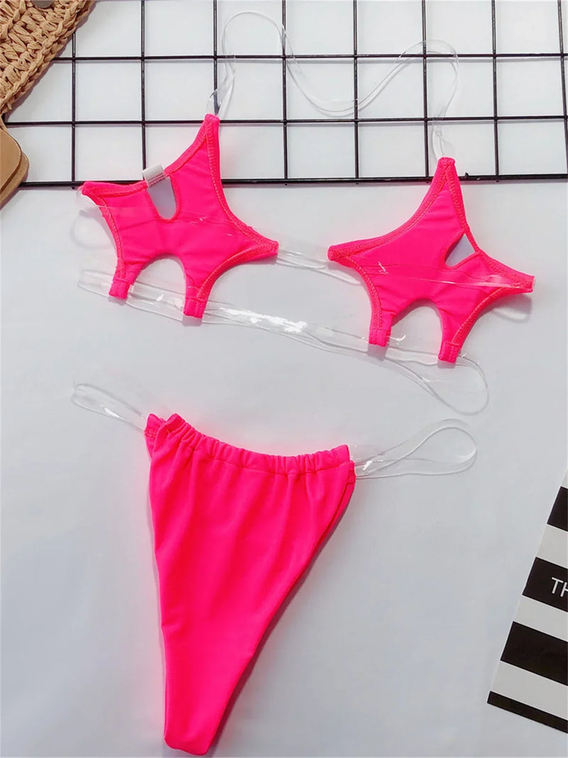 Sexy Micro Bikini 2025 Women Pentagram Design Transparent Swimwear Neon Clear Strap See Through Thong Swimsuit Traje De Baño