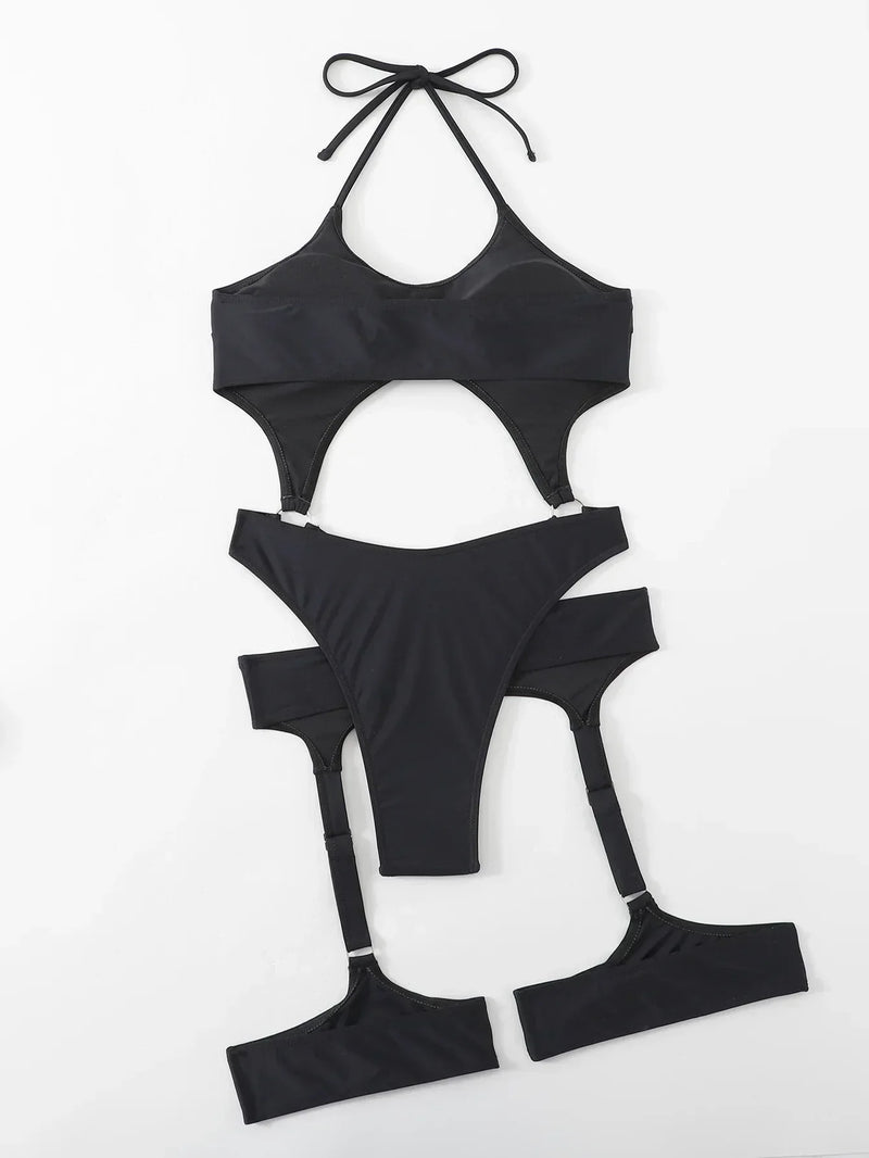 Sexy Black One Piece Swimsuit Women 2025 Hollow Out Push Up Suspenders Panties Thong Swimwear Beach Bathing Suit Swimming Bikini