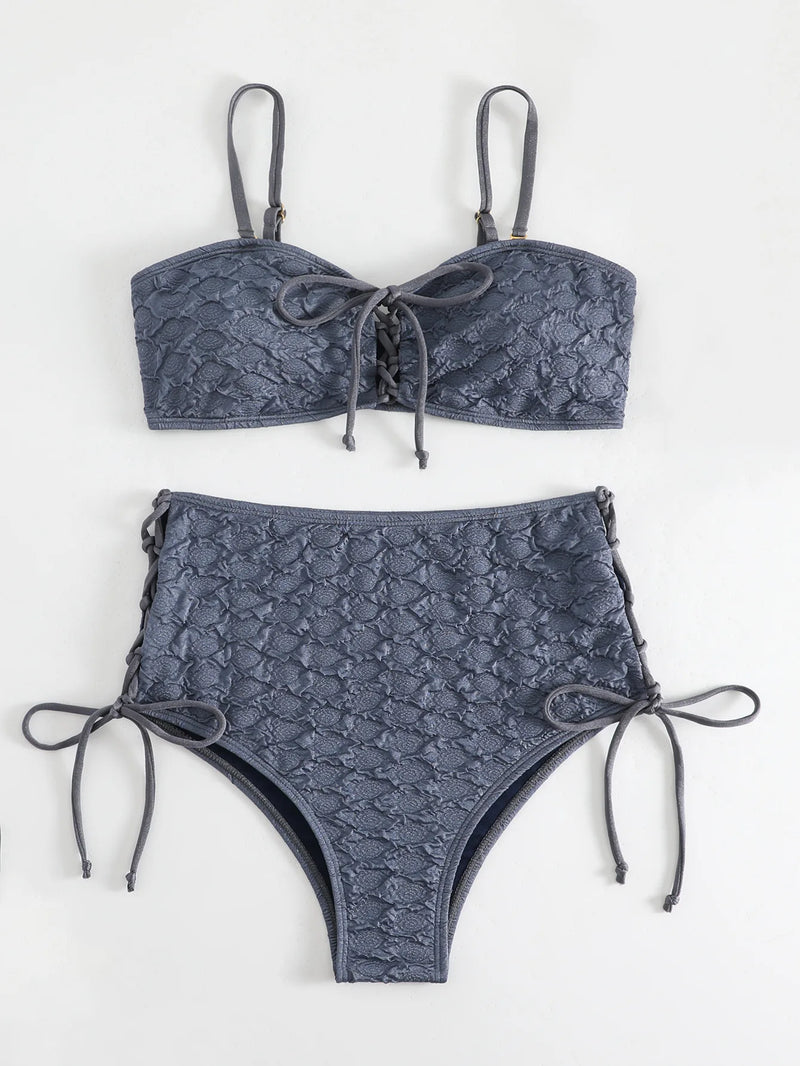 Sexy Drawstring Side High Waist Bikini Set 2025 Women Solid White Hole Out Push Up Swimsuit Beach Bathing Suit Holiday Swimwear