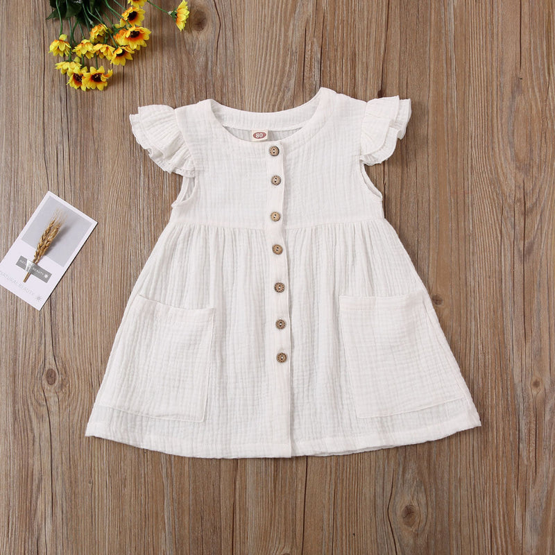 0-6Years Toddler Kid Baby Girl Summer Dress Ruffles Sleeves Cotton Button Pocket Dress Sundress