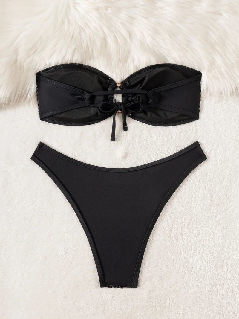 Sexy Bandeau Bikini 2026 Women Shiny Sequin Front Ring Push Up Micro Swimsuit Summer Pink Bathing Suit Thong Swimwear Biquini