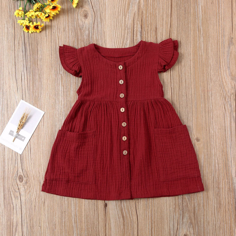 0-6Years Toddler Kid Baby Girl Summer Dress Ruffles Sleeves Cotton Button Pocket Dress Sundress