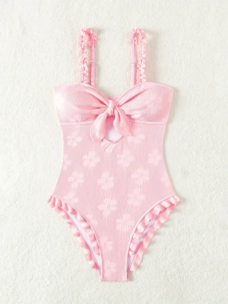 Light Pink One Piece Swimsuit for Women High Waist Hollow Out Ruffle Suspender Backless Monokini Bikini Beach Swimwear 2024 New