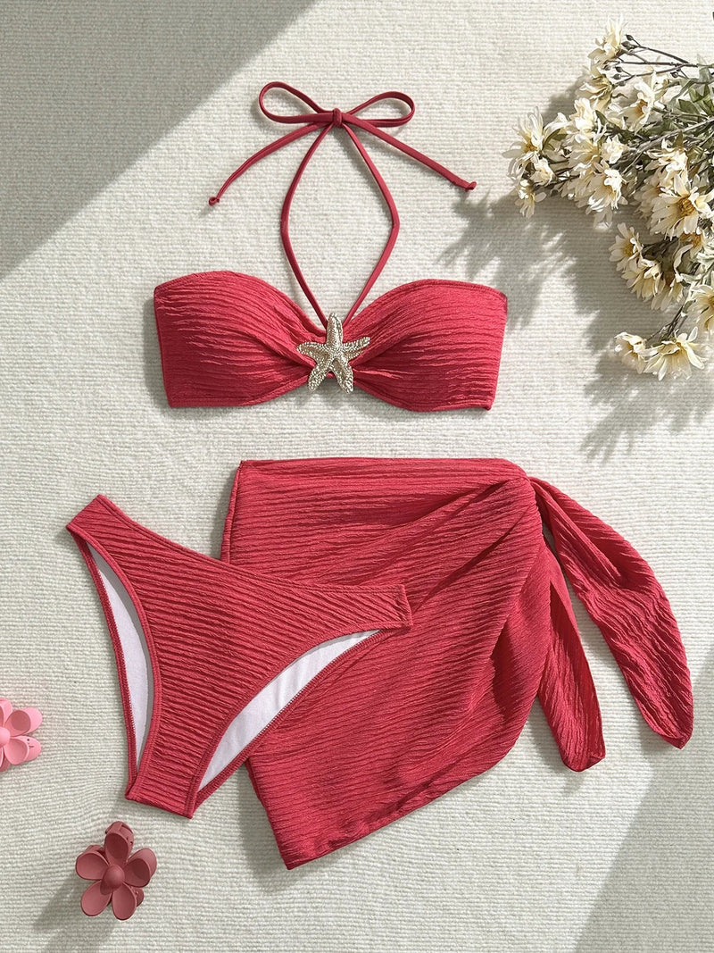 Sexy Metal Starfish Bikinis Set Women Brown Bandeau Push Up Mesh Skirt 3 Piece Swimsuit 2025 Beach Bathing Suit Holiday Swimwear