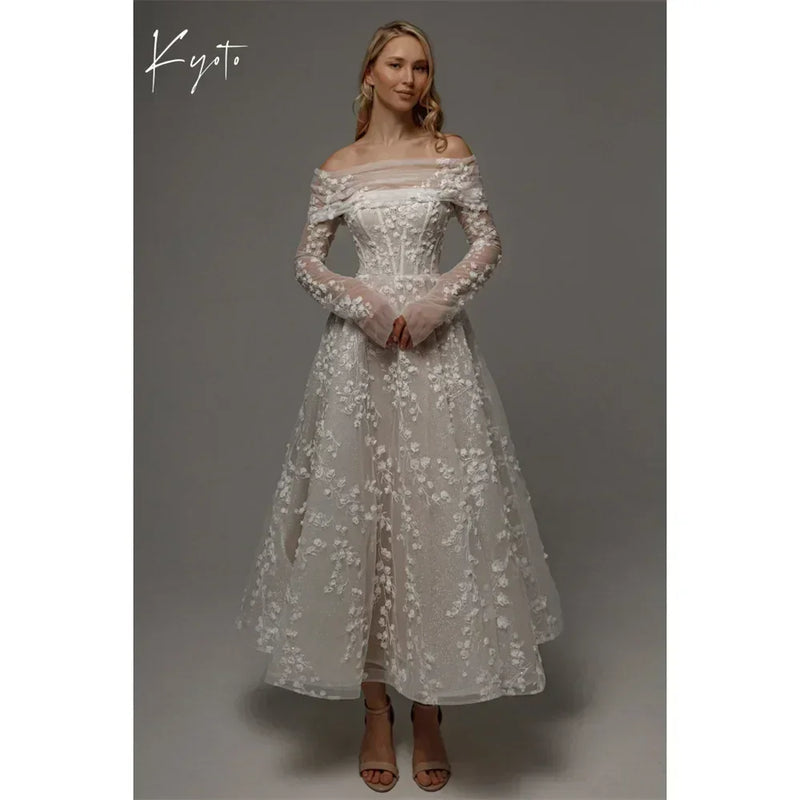 Kyoto Customized Lace Flowers Detachable Long Sleeves Wedding Dress Ankle-Length Glitter vestidos de novia A-Line Formal Gown