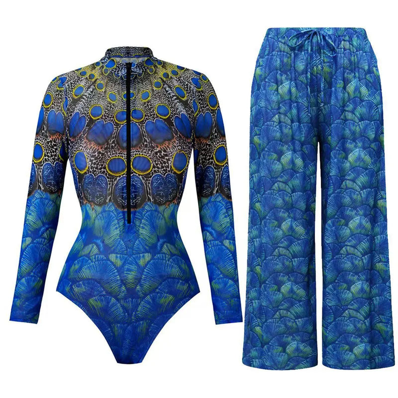 Vintage Sunscreen One Piece Swimsuit Skirt Set Women Peacock Print Long Sleeve Zipper Swimwear Beach Bathing Suit Monokini 2025