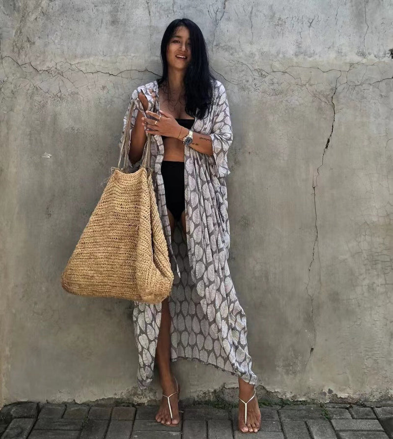 2024 New Summer Sexy Beach Kimono Swimwear Cotton Cover Up Swimsuit Women Print Bikini Cover Up Beachwear Dress Robe