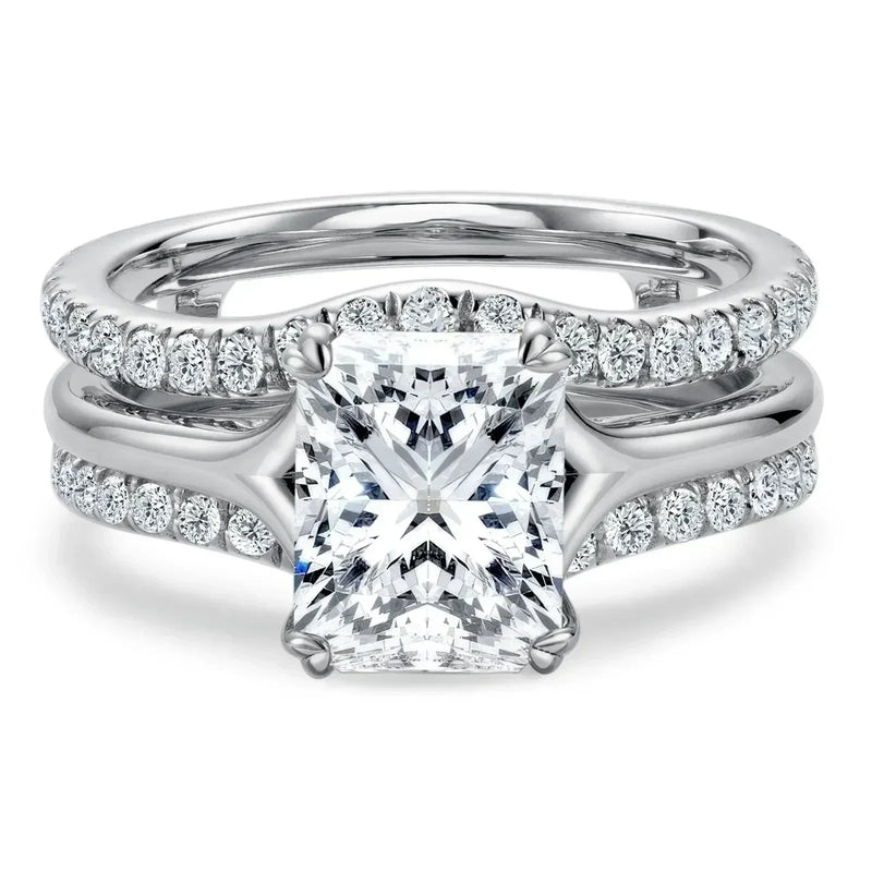 DEZO 4.05cttw All Moissanite S925 Silver Wedding Ring Sets for Women Main Stone 3ct Radiant Cut D Color GRA Certificate