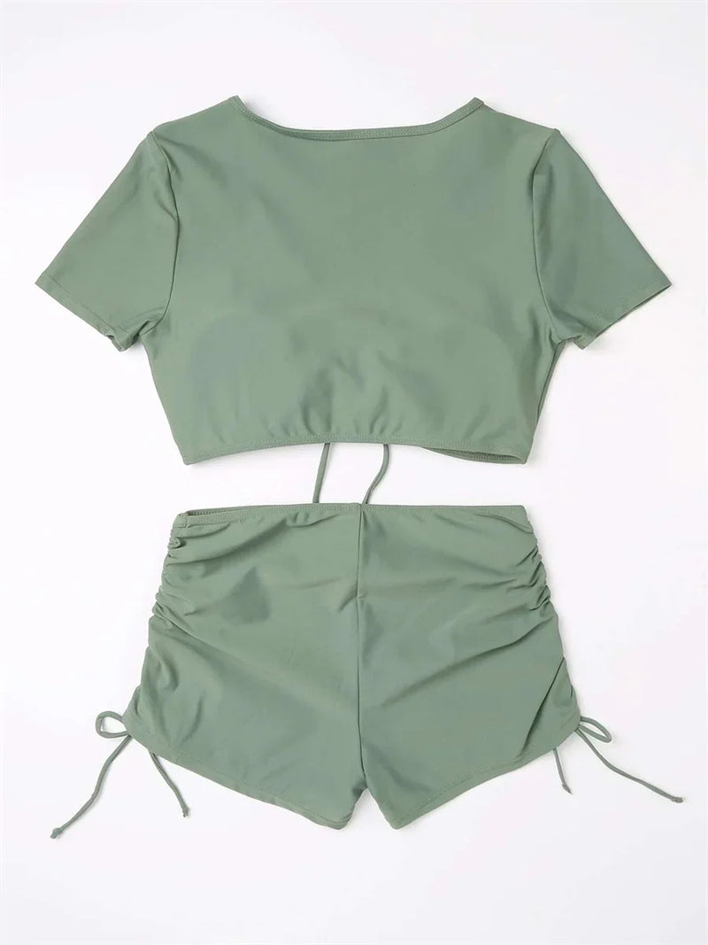 Sexy Drawstring Bikini Set 2026 Women Green Black Short Sleeve Two Piece Swimsuit Summer Bathing Suit Pleate High Waist Swimwear