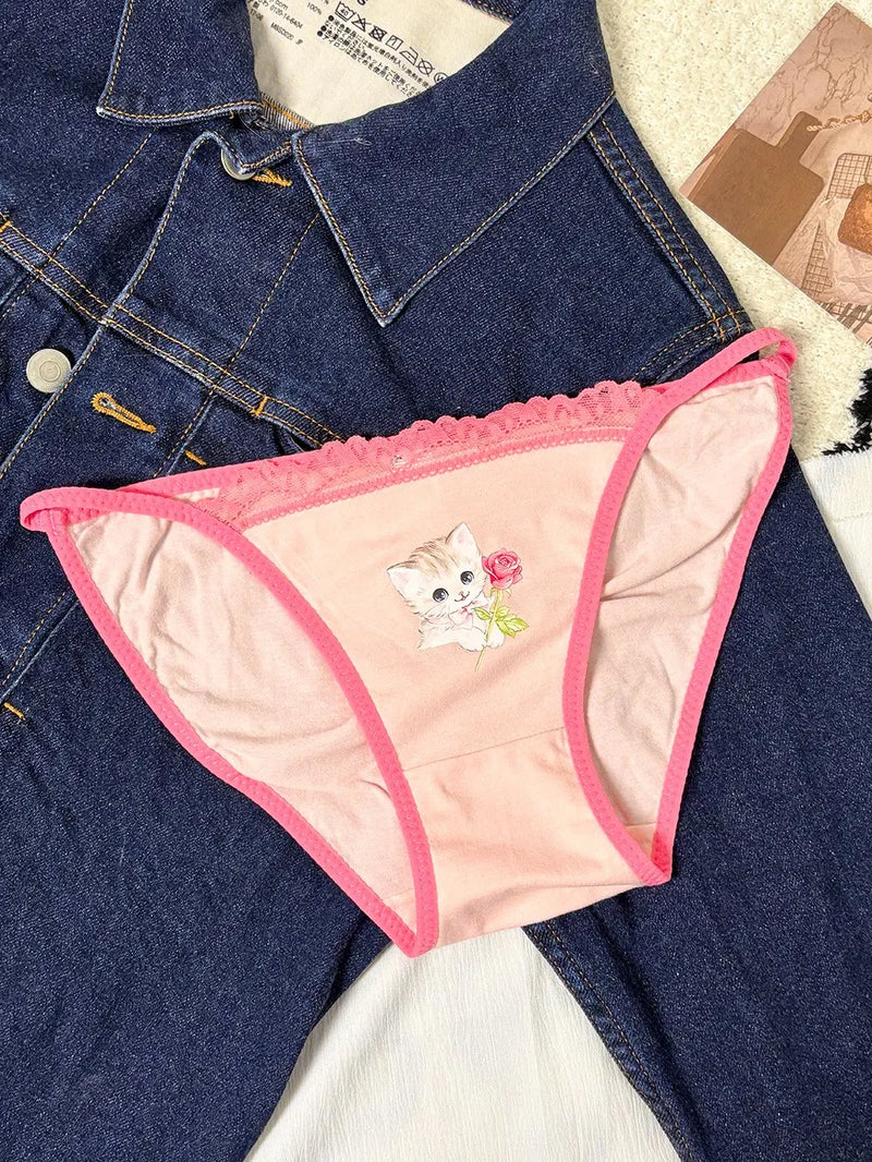 Cotton Girls Panties Cute Cat Sexy Japanese Lace Women Briefs Lady Thong  Underwear G String Female Low Waist Lingerie