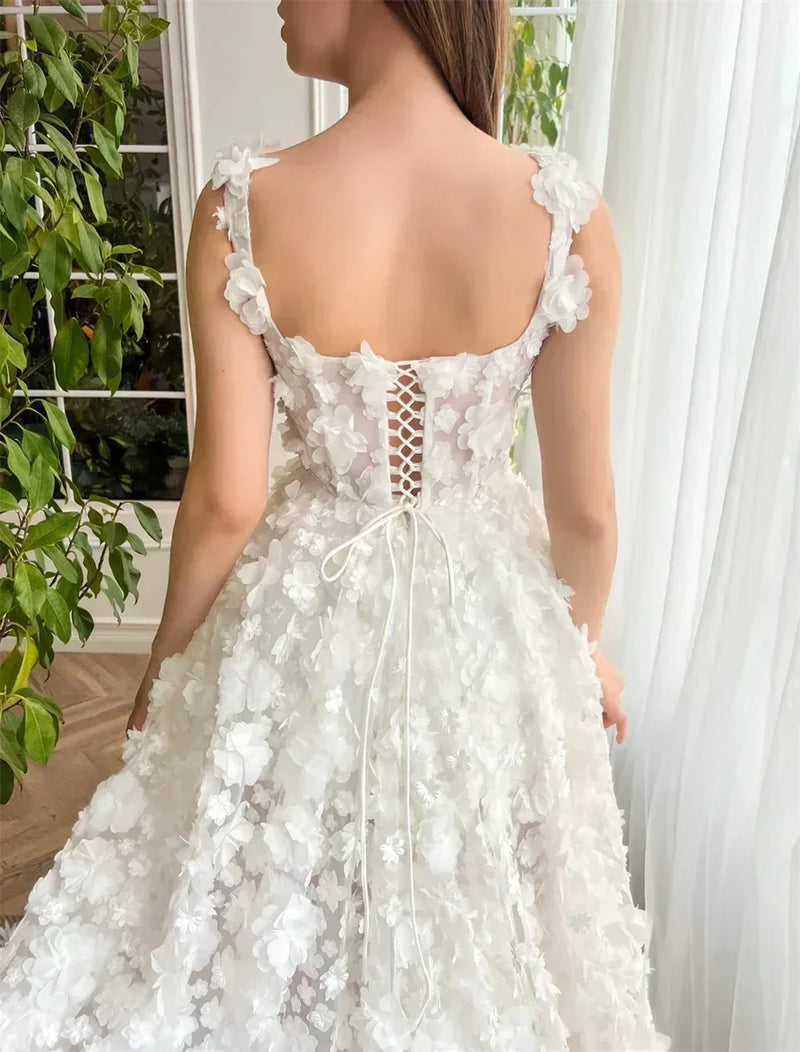 Kyoto Beige Wedding Dress | 3D Flower Lace-Up Back Gown -femstylo