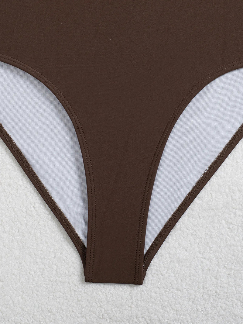 Sexy Brown Hollow Out Backless Swimwear Women 2026 Pearls Pleate Bandage One Piece Swimsuit Beach Bathing Suit Holiday Bikini