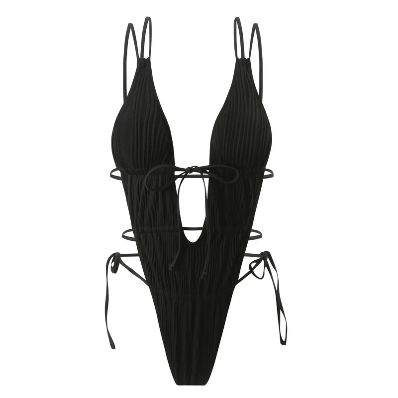 2026 New Deep V One Piece Black Swimsuit Halter Solid Color Women's Backless Bathing Suit Bandage White Swimwear For Female