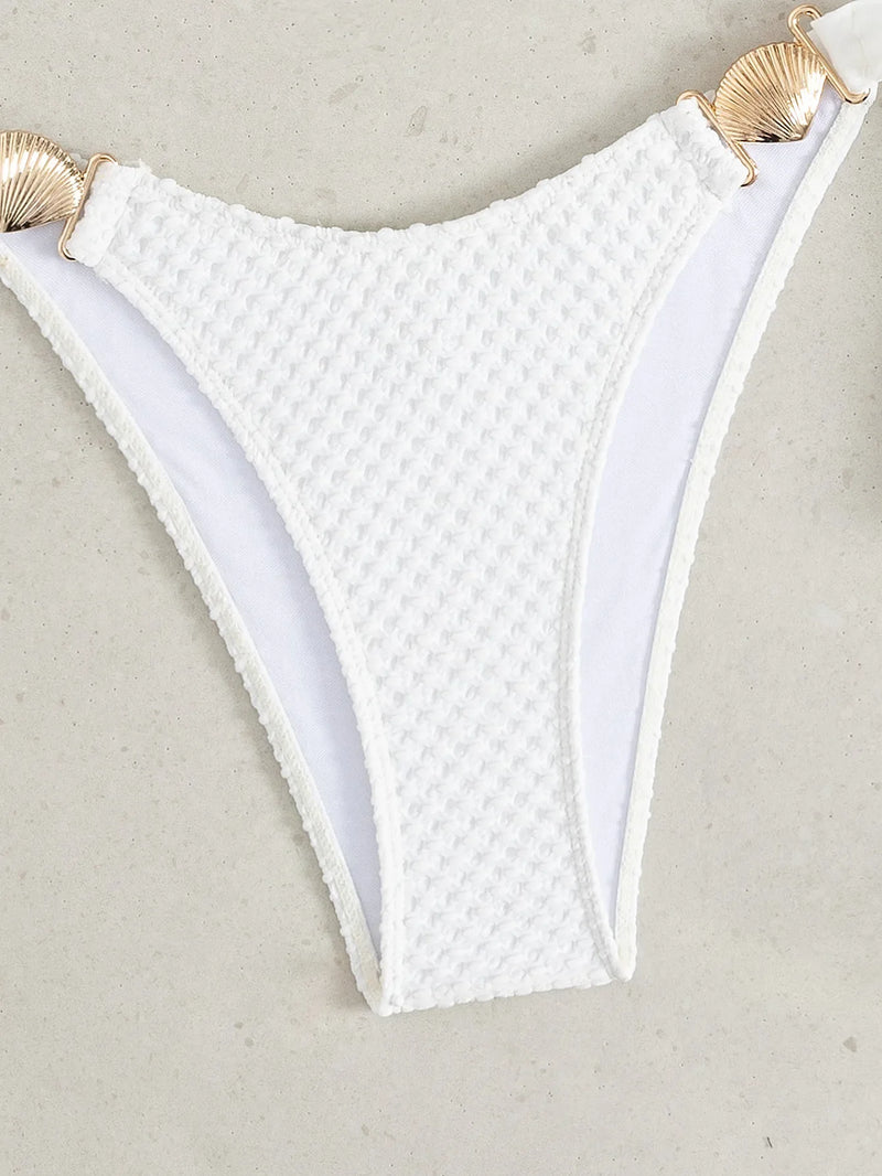 Sexy White Bikini 2026 Mujer Women Metal Shell Bandage Thong Swimsuit Summer Push Up Bra Beach Bathing Suit Holiday Swimwear