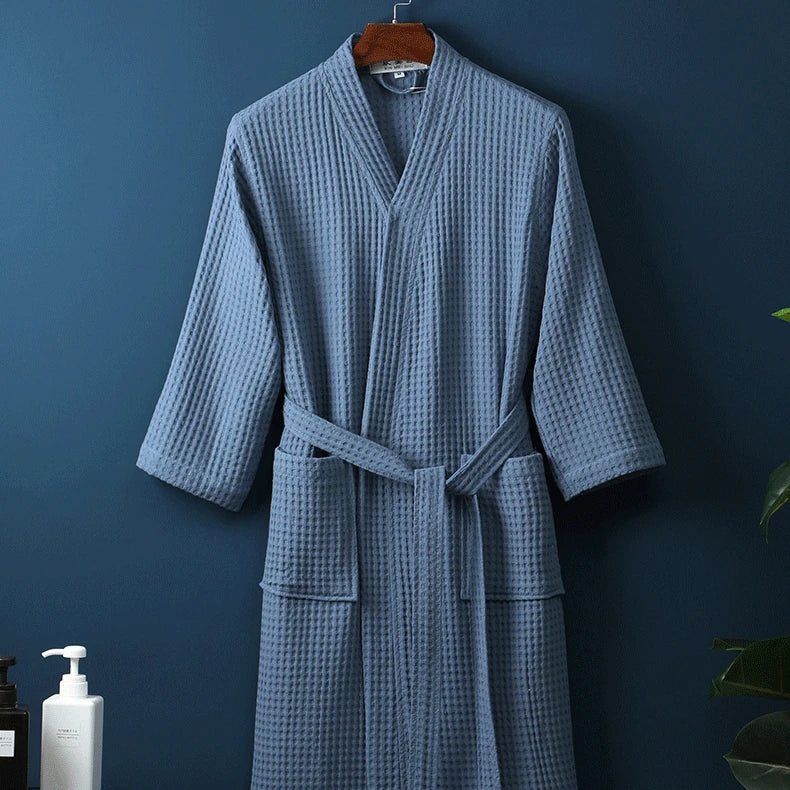 Adult Cotton Waffle Kimono Bathrobe Gown with Pocket Loungewear Sleepwear