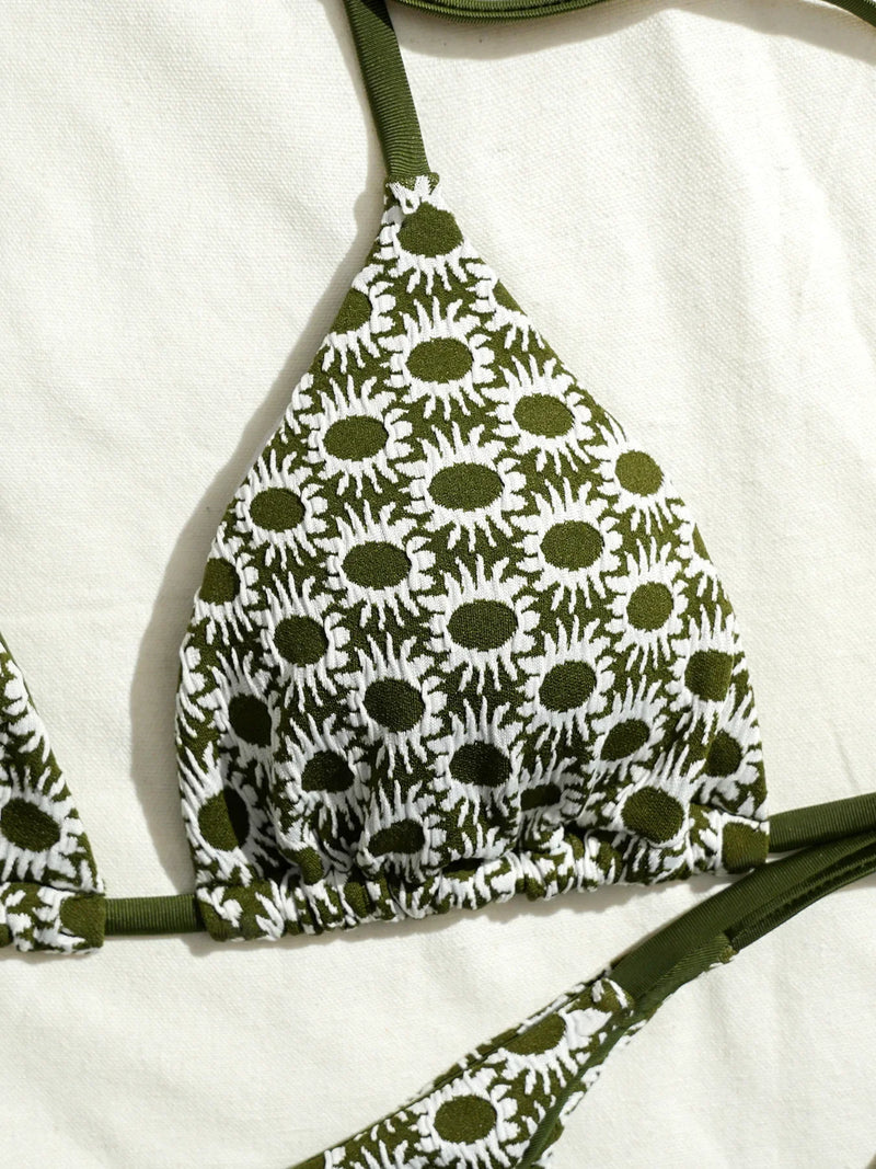 Sexy Green Sunflower Print Mini Bikini 2026 Women Halter Push Up Bra Tie Side Bandage Thong Swimsuit Beach Bathing Suit Swimwear