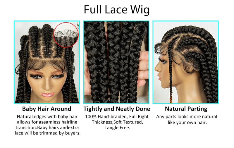 Knotless Box Braids Full Lace Wig | Cornrow Accents | Baby Hair | Synthetic Braided Wig