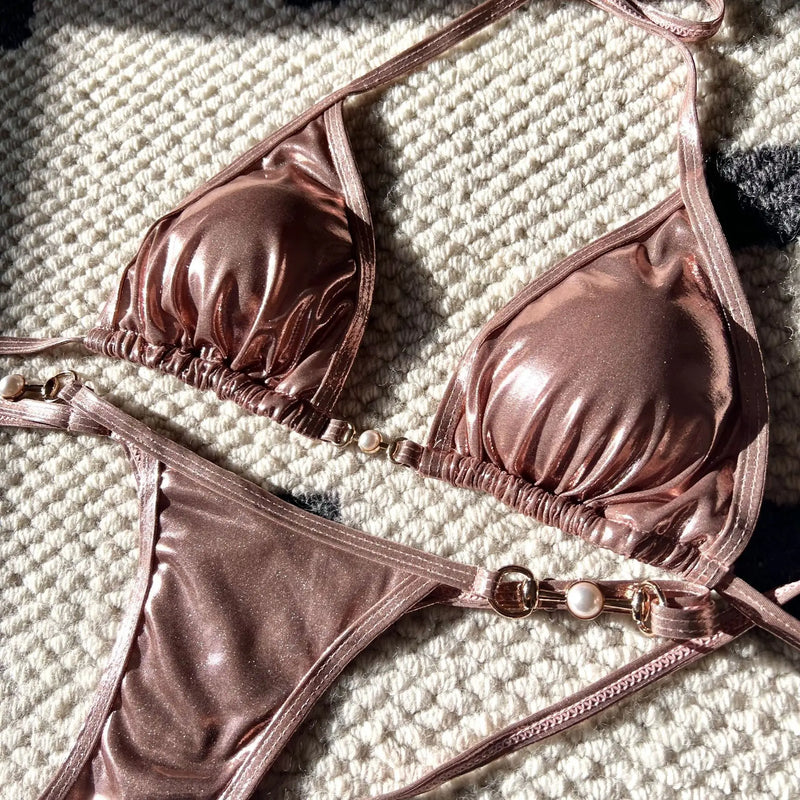 Shiny Pink Micro Bikini 2026 Mujer Women Sexy PU Pearls Push Up Thong Swimsuit Summer Bathing Suit Bandage Holiday Swimwear
