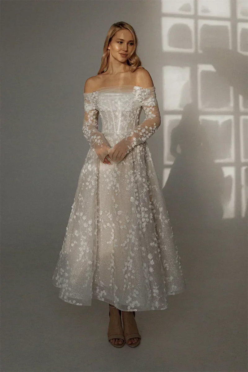 Kyoto Customized Lace Flowers Detachable Long Sleeves Wedding Dress Ankle-Length Glitter vestidos de novia A-Line Formal Gown