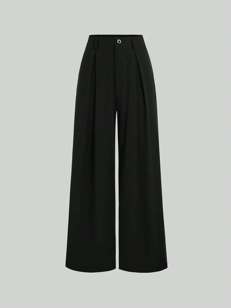 Women's Elegant Jacquard Pleating Wide-Leg Pants Office/Commuting Solid Color Loose Casual Suit Pants, Autumn/Winter