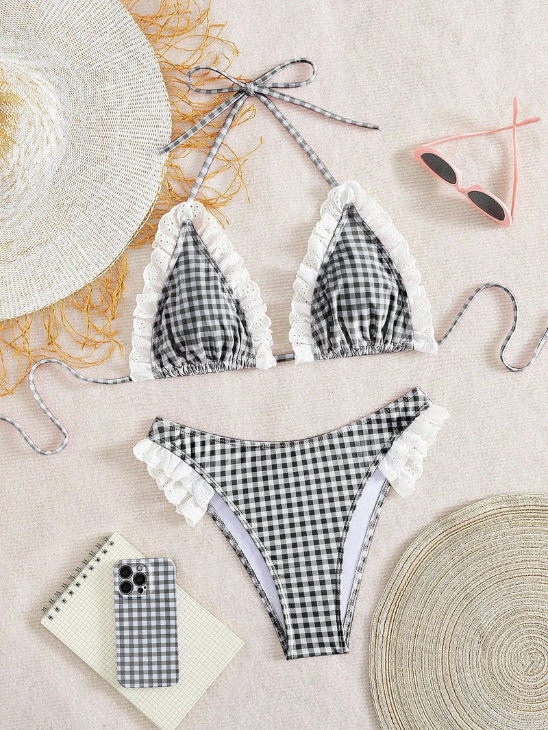 Cute Pink Plaid Print Micro Bikini 2026 Women Ruffles Lace Patchwork Push Up High Waist Swimsuit Bathing Suit Holiday Swimwear