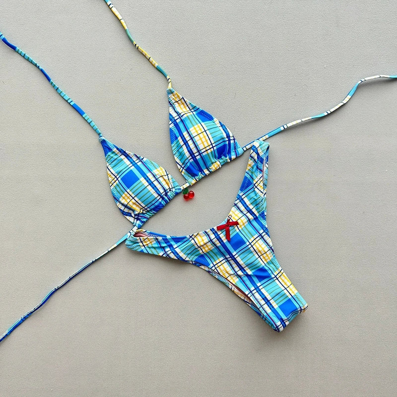 Sexy Blue Plaid Micro Bikini 2025 Women Halter Push Up Bra Bow Thong Swimsuit Summer Holiday Bathing Suit Triangle Swimwear