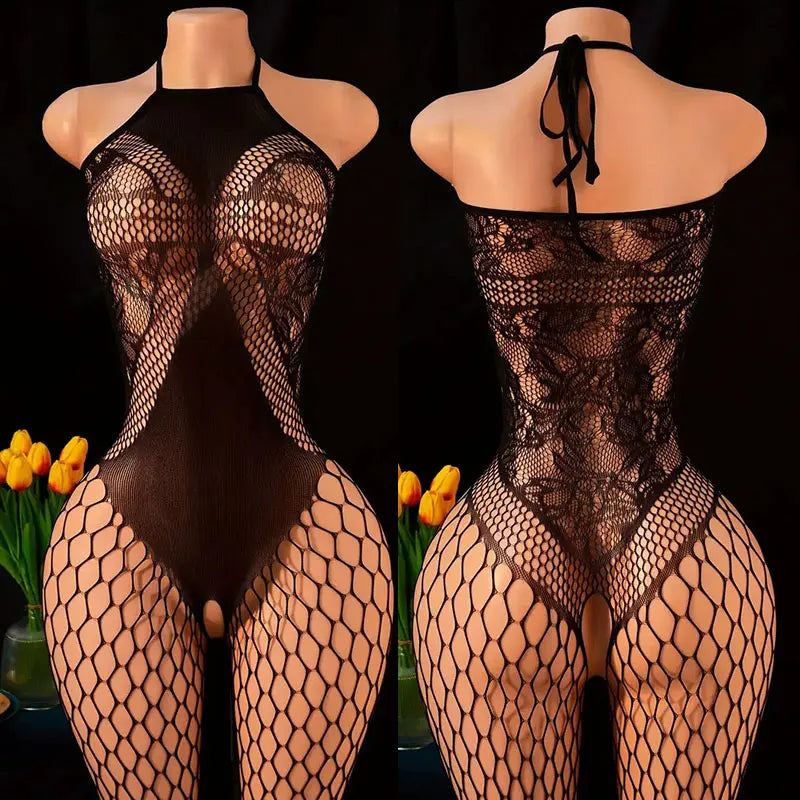 New Open Back Bras Body Suits Hanging Neck Bodystockings Erotic Crotchless Lingerie Women's Sexy Lace Mesh Hollow Underwear Sets