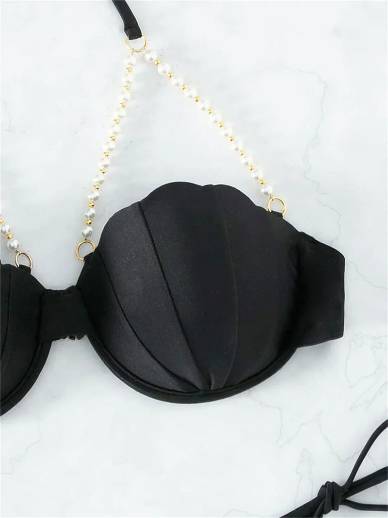 Sexy Shell Shape Underwire Bikini Tie Side Thong Bikinis Swimwear Women 2025 Black Pearls Strap Push Up Bathing Suit Swimsuit