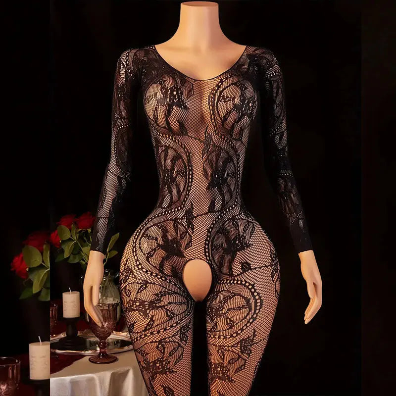 New Open Back Bras Body Suits Hanging Neck Bodystockings Erotic Crotchless Lingerie Women's Sexy Lace Mesh Hollow Underwear Sets