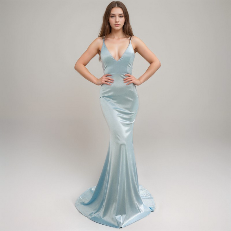 Sexy Deep V neck tie back mermaid silky satin prom dress
