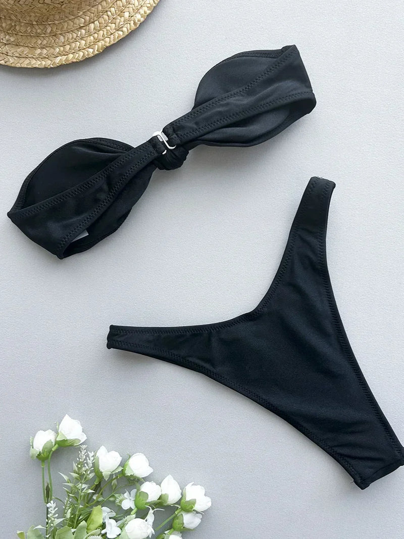 Sexy Front Tie Bow Bikini Set Women Black Bandeau Push Up Bra Micro Swimsuit 2024 Beach Bathing Suit Thong Swimwear Biquini