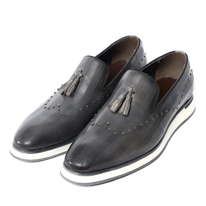 Top Grade Luxury Men's Genuine Leather Loafers | Original Stripe Rivets & Tassel Casual Flat Shoes