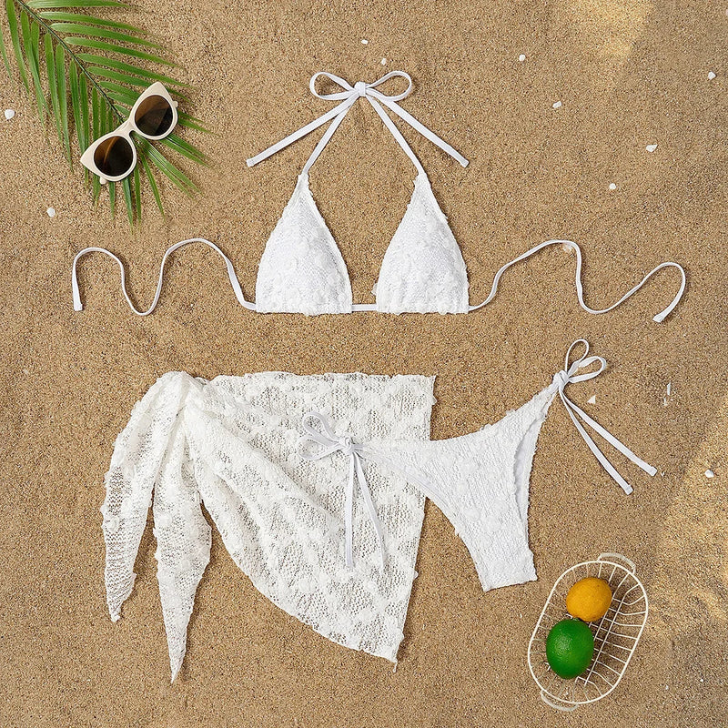 Sexy White Lace Cover Up Skirt 3 Piece Swimsuit Women Bandage Thong Bikini 2025 Summer Push Up Beach Bathing Suit Skirt Swimwear