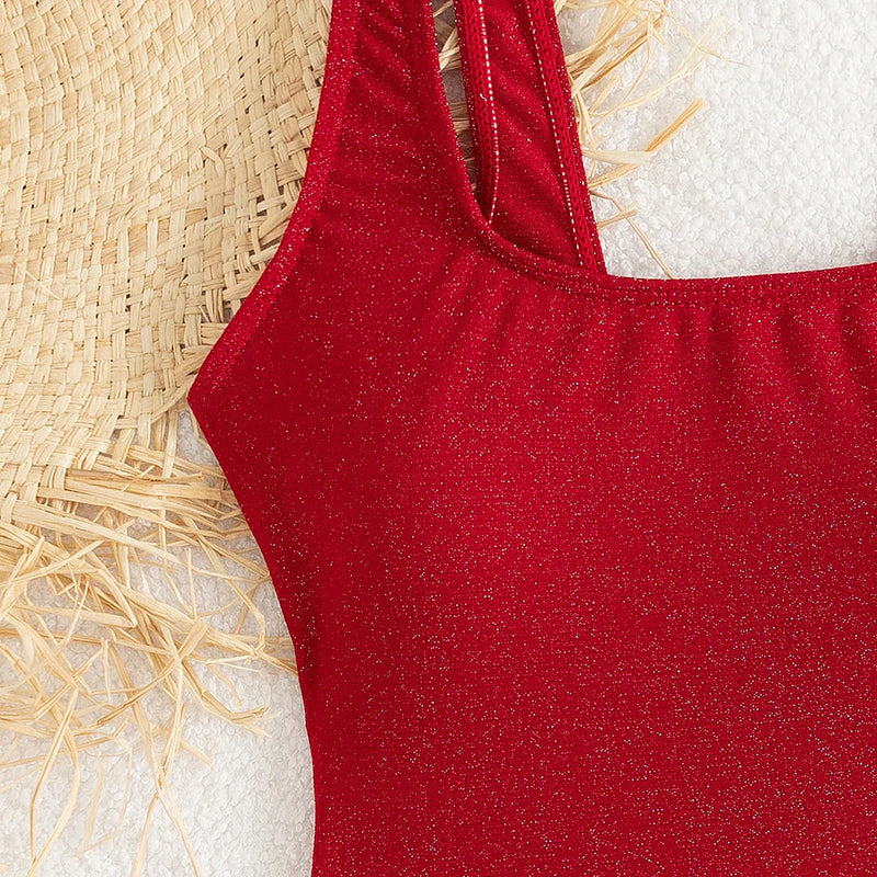 New Red Hollow Out Backless Cross Swimwear Women Sexy Shiny Tummy Control One Piece Swimsuit 2025 Beach Bathing Suits Monokini
