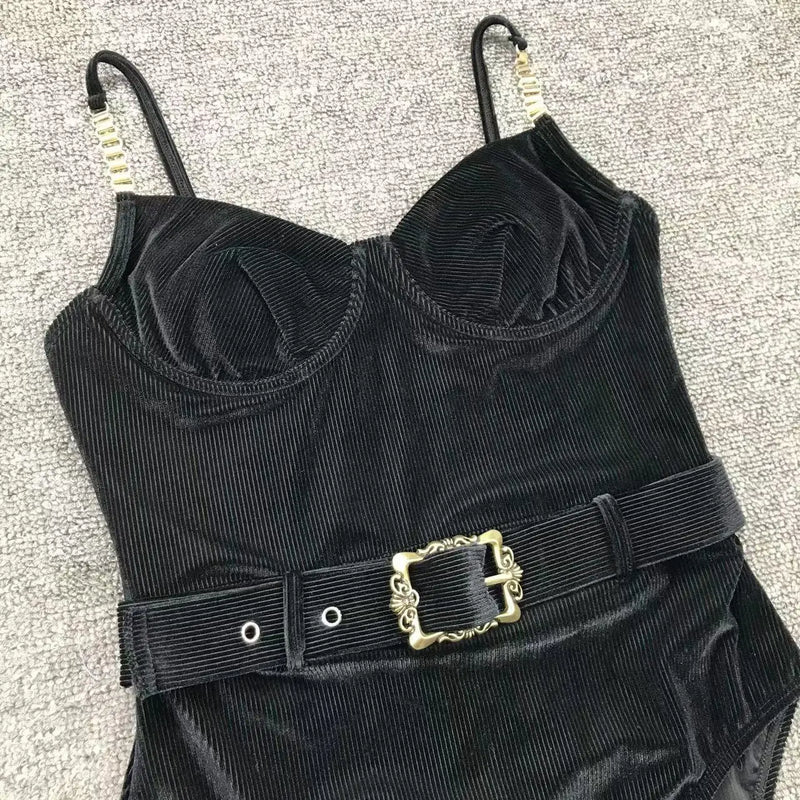 2024 New Sexy Velvet One-Piece Black Bikini Belt Swimsuit Women Solid Push Up Swimwear Female Brazilian Beach Bathing Suit