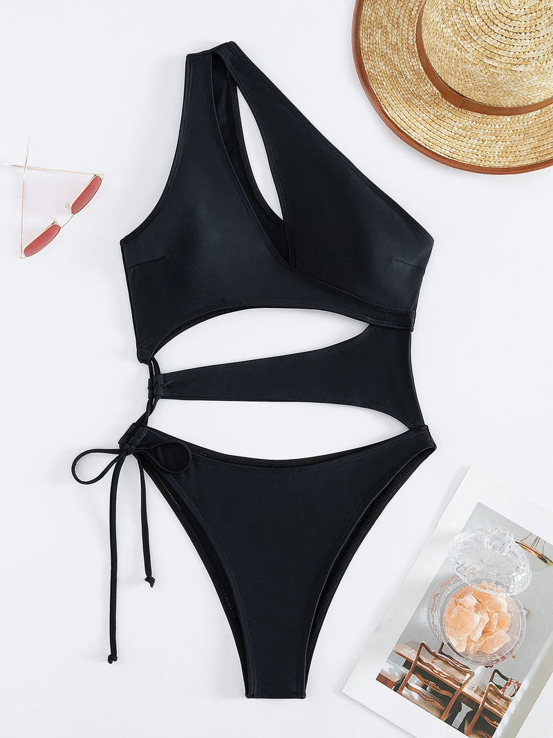Sexy Hollow Out One Piece Swimsuit Women Black One Shoulder Drawstring Backless Monokini Summer Beach Bathing Suit Swimwear 2026