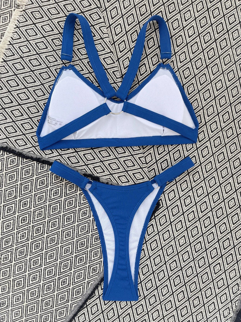 Sexy Ring Linked Backless Bikini Set Women Solid Black White Hollow Out Push Up Micro Swimsuit 2024 Bathing Suit Thong Swimwear