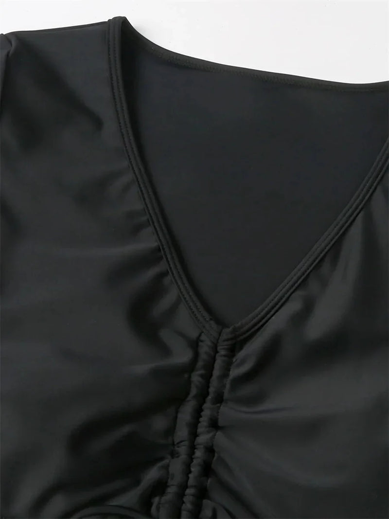 Sexy Drawstring Bikini Set 2026 Women Green Black Short Sleeve Two Piece Swimsuit Summer Bathing Suit Pleate High Waist Swimwear