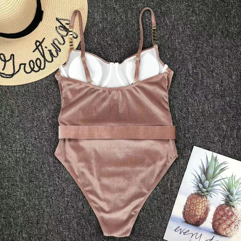2024 New Sexy Velvet One-Piece Black Bikini Belt Swimsuit Women Solid Push Up Swimwear Female Brazilian Beach Bathing Suit