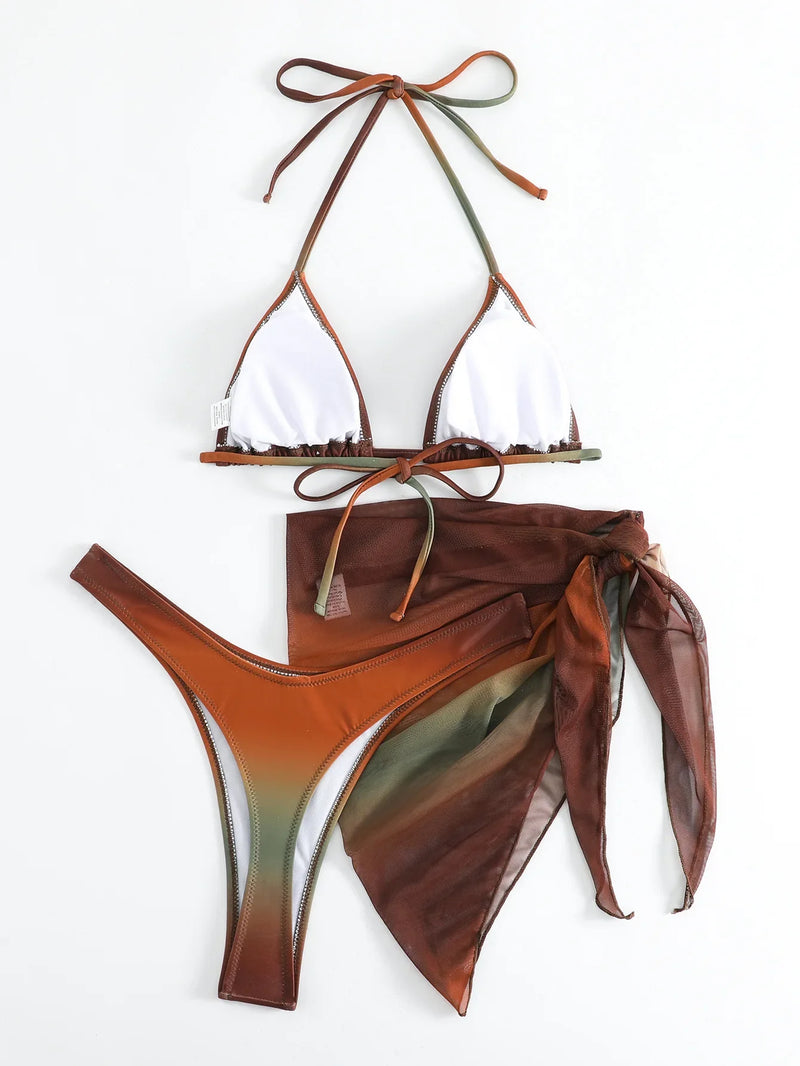 Sexy Brown Gradient Bikini 2024 Swimwear Women Halter Push Up Bra Mesh Skirt 3 Piece Swimsuit Bathing Suit Cover Up Bikinis Sets