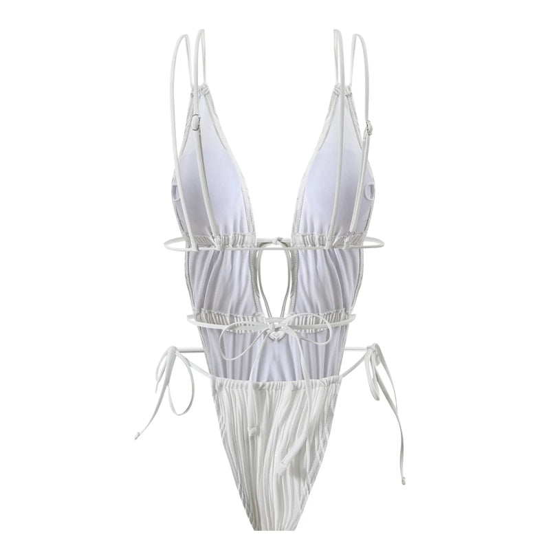 2026 New Deep V One Piece Black Swimsuit Halter Solid Color Women's Backless Bathing Suit Bandage White Swimwear For Female