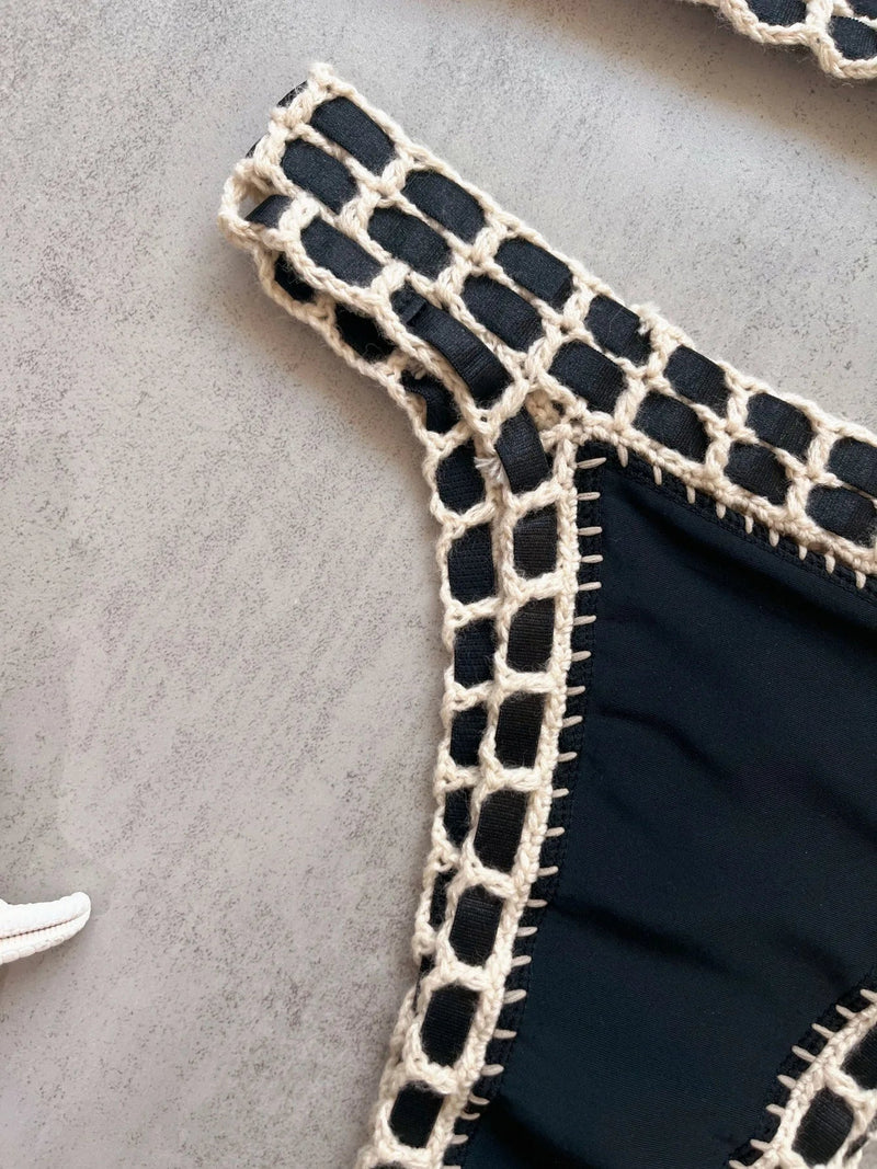 Sexy Black Patchwork Hand Crochet Bikini Set Women 2026 V Neck Push Up Bra Thong Swimsuit Beach Bathing Suit Knitted Swimwear