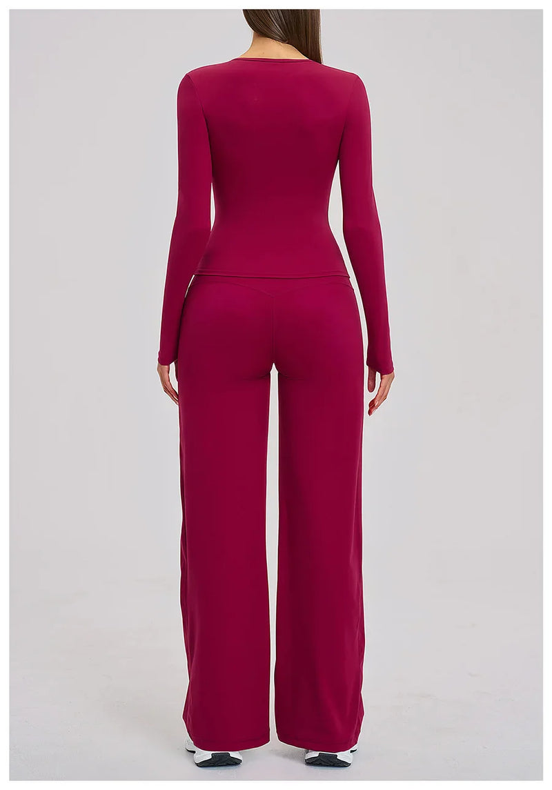 Yoga Set 2 Pieces Women Fitness Sportswear Gym Loose wide-leg pants Long-sleeved T-shirt Sports Crop Tops Tracksuit Workout Wear